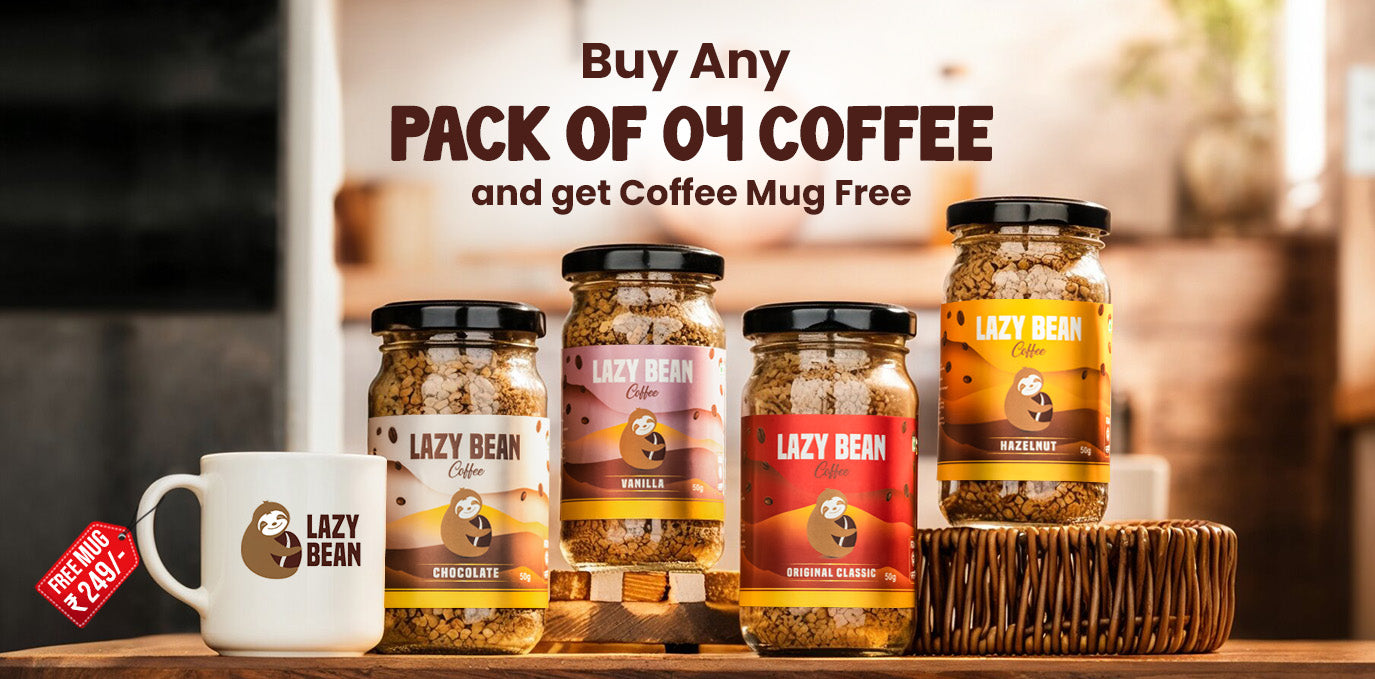 Lazy Bean Coffee - Pack Of 4 with Free Mug (worth 249/-) and Free Stickers