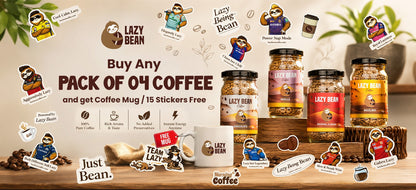 Lazy Bean Coffee - Pack Of 4 with Free Mug (worth 249/-) and Free Stickers