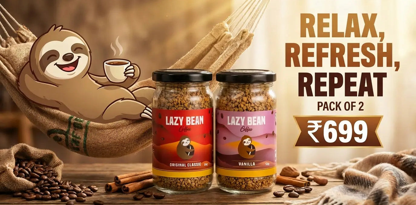 Two jars of Lazy Bean coffee with a sloth character and coffee beans on a wooden surface.